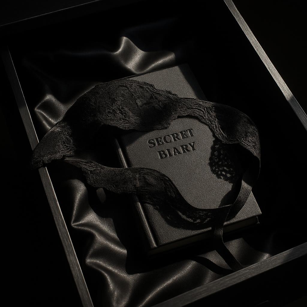 The image depicts a black leather journal labeled "SECRET DIARY" nestled within a box lined with black satin fabric. The b...