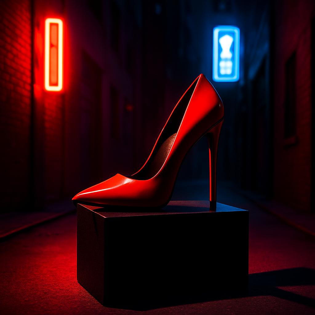 A pair of high-heeled shoes with a metallic red finish and a slender heel, set against a backdrop of a dimly lit room illu...