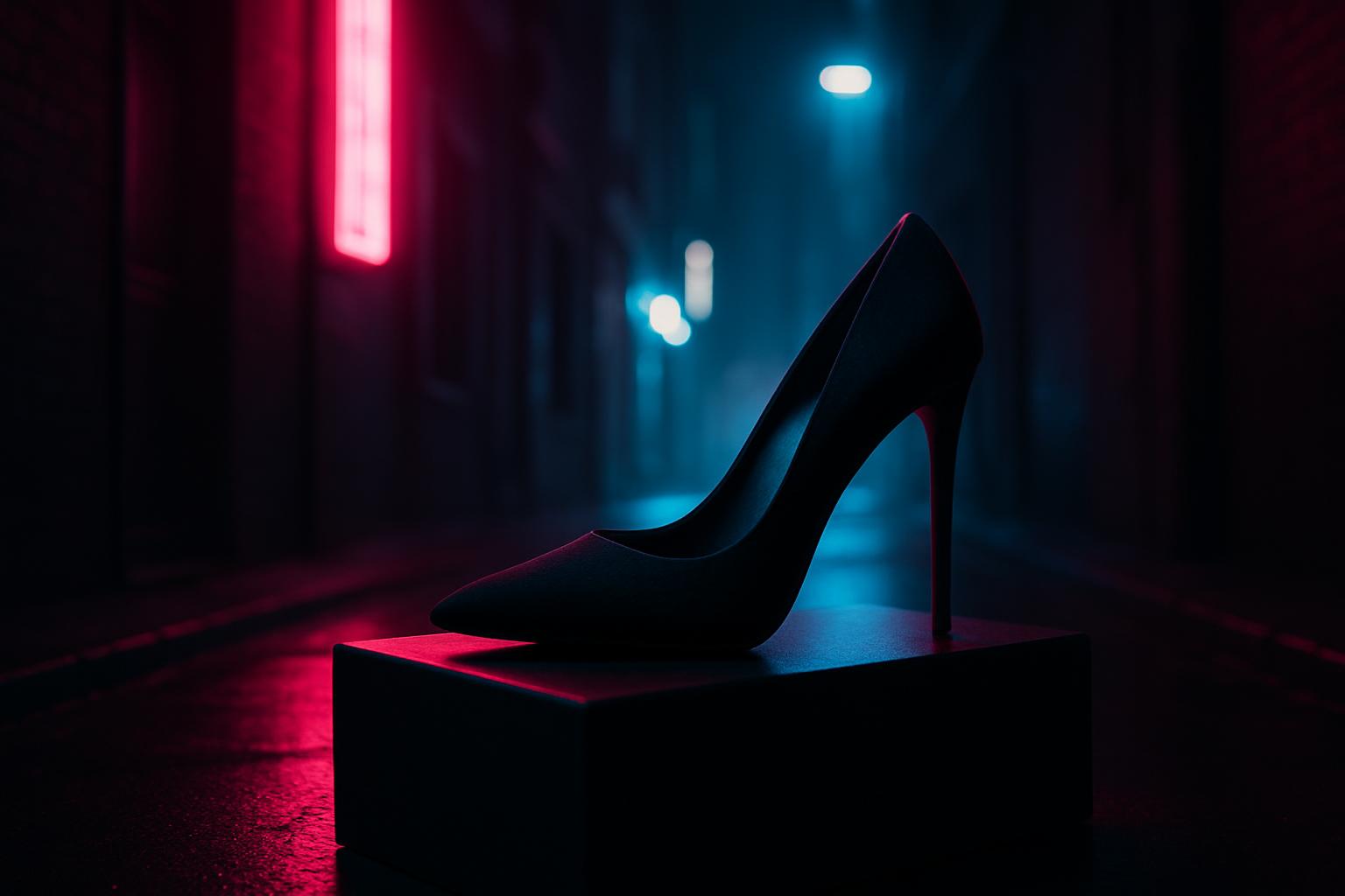 A high-heeled shoe is illuminated in a dimly lit, neon-lit alley way, the atmosphere partly evoking a digital cyberpunk-in...