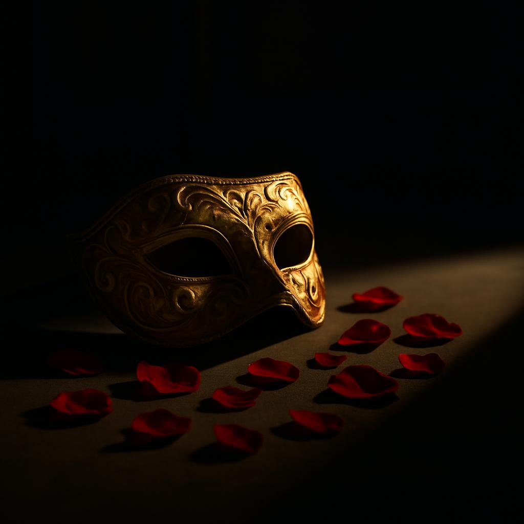 A gold Venetian mask laying flat at a diagonal angle, surrounded by scattered red rose petals. The mask is tapered and sha...