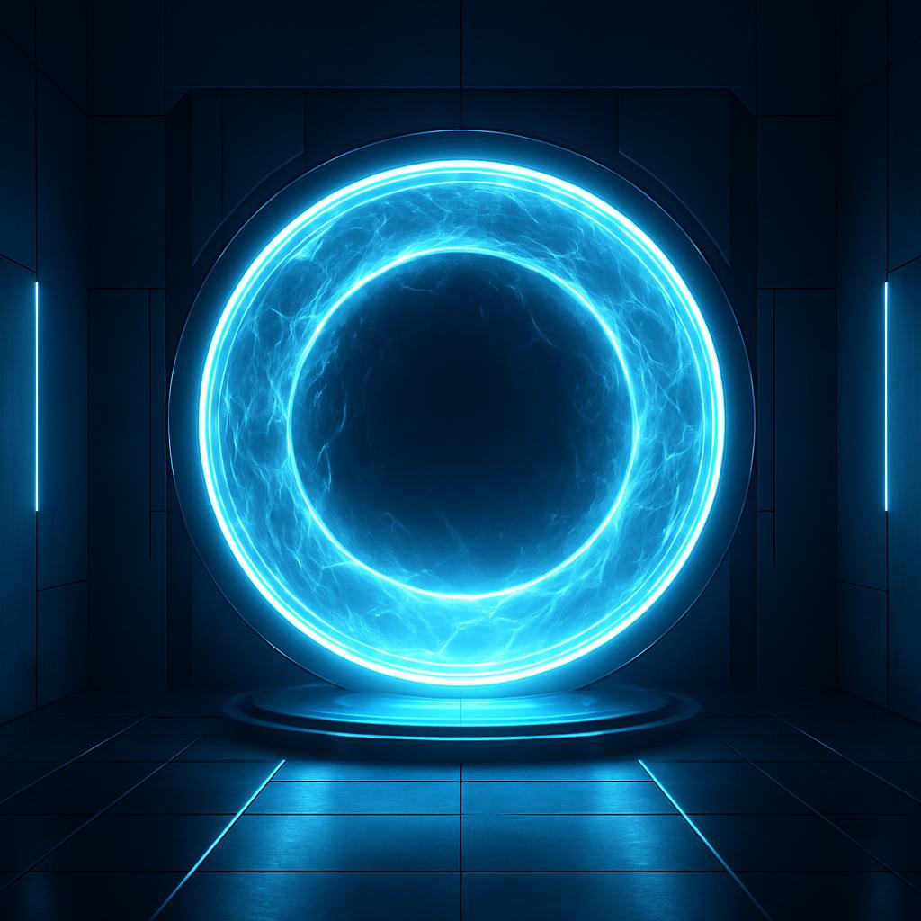 A blue portal with a glowing blue ring, emitting electricity-like effects and set in a dark room with futuristic technolog...